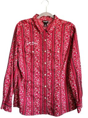 Wrangler Retro Women’s Reno Rodeo Red Floral Pearl Snap Shirt Large Western